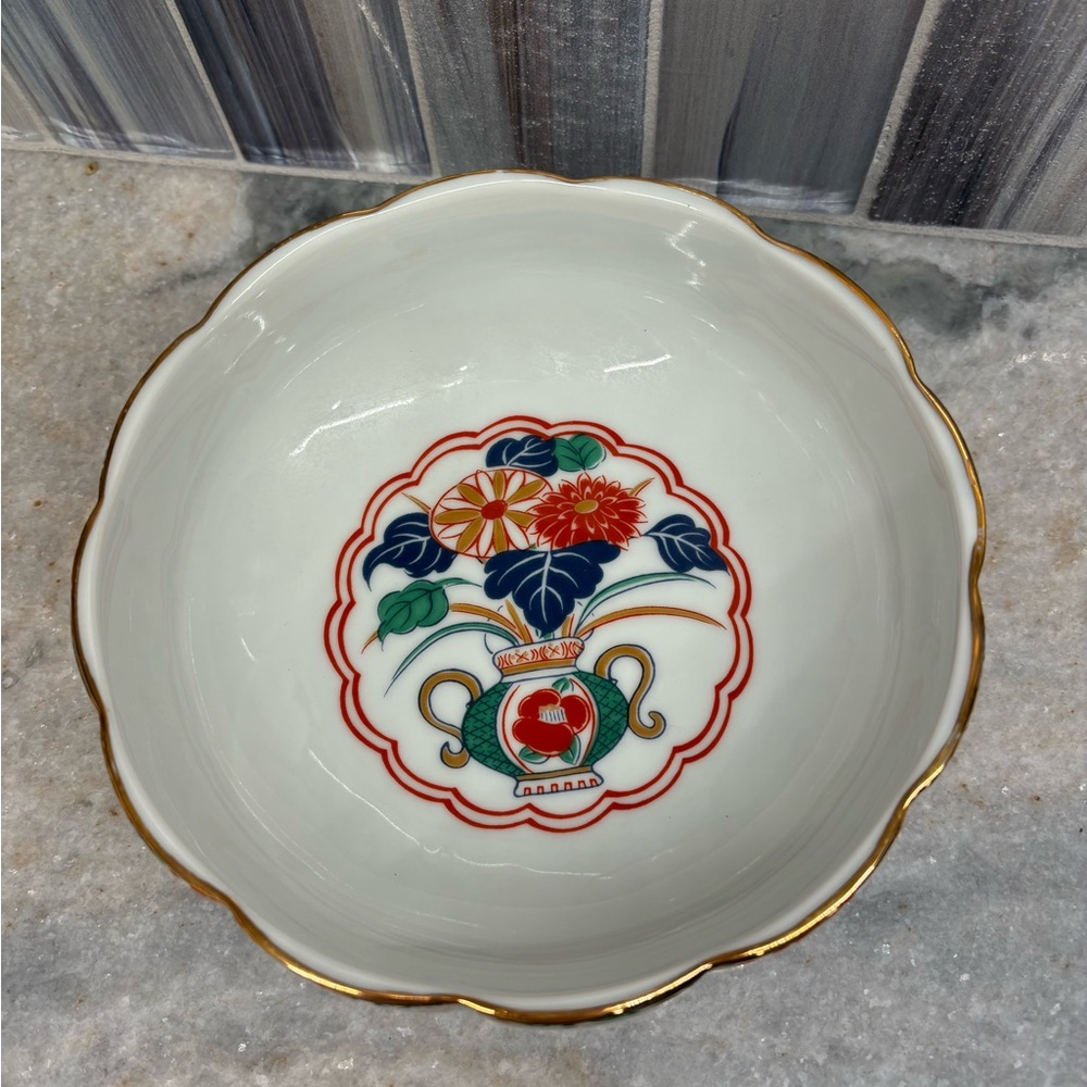 Arita Imari Fan Japanese Porcelain Candy Dish Bowl Scalloped Edge EUC